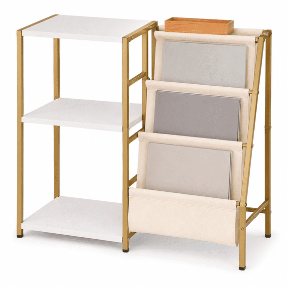 3-Tier Record Player Stand with Vinyl Storage, Side Record Display and Now Playing Holder, Turntable and Speaker Shelf, White and Gold
