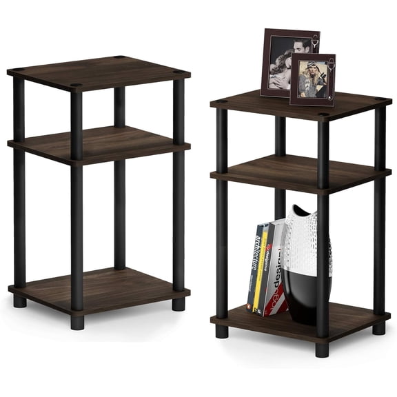 3-Tier Rectangular End Table with Plastic Poles, Columbia Walnut and Black Finish, 2-Pack