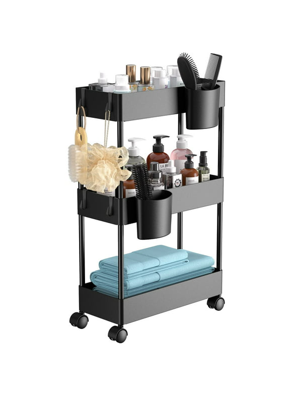 3 Tier Removable Slim Storage Cart with Wheels, Bathroom Cart Organizer Small, Rolling Cart for Bathroom, Kitchen, Narrow Space, Black