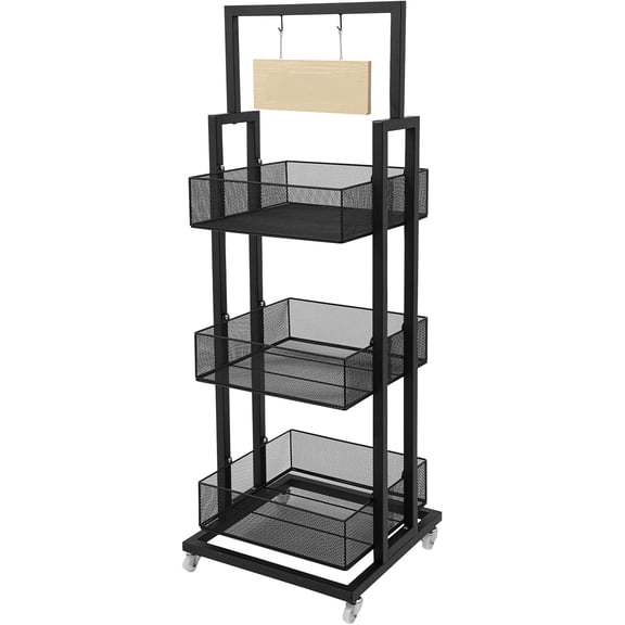3-Tier Retail Display Rack with Locking Wheels and Mesh Baskets,Mobile Snack Shelf for Kitchen, Pantry, Bathroom, Retail Store, Storage Display Shelf for Books, Toys (Black)