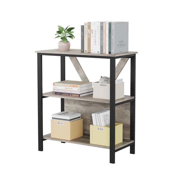 3 -Tier Retro Bookshelf With LED Light, Industrial Bookcase, Rustic Gray Open Book Shelf, Wood Book Storage Rack for Movies/Books Utility Book Organizer Shelves for Bedroom, Living Room, Home Office