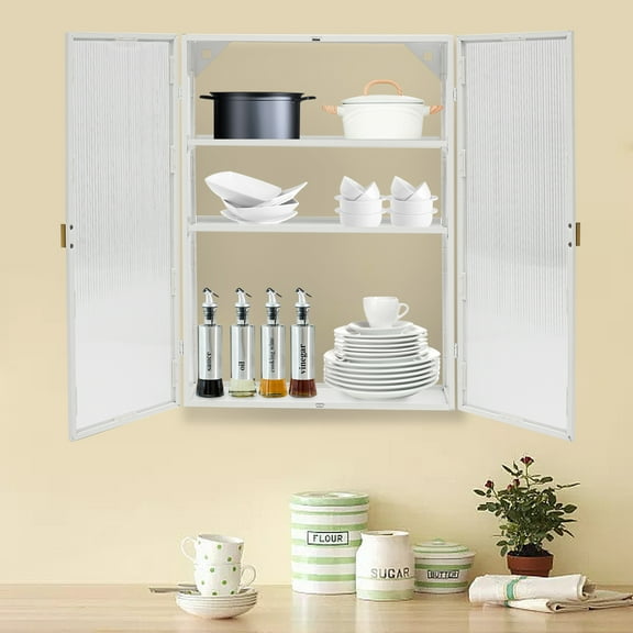 3-Tier Retro Style 2-Door Wall Cabinet W/Detachable Shelves Cabinet for Bathroom Kitchen Storage White