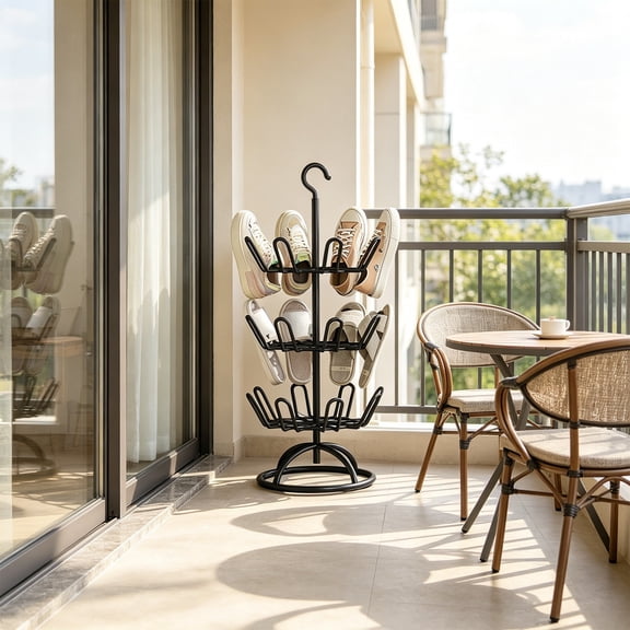 3-Tier Revolving Shoe Tree with Base Shoe Rack Space-Saving Hanging Standing Storage Organizer for Balcony Laundry Room Dorm