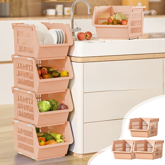 3-Tier Rolling ABS Storage Basket Set – Stackable, Large-Capacity Multi-Layer Utility Organizer for Kitchen, Pantry & Household Items (Pink)
