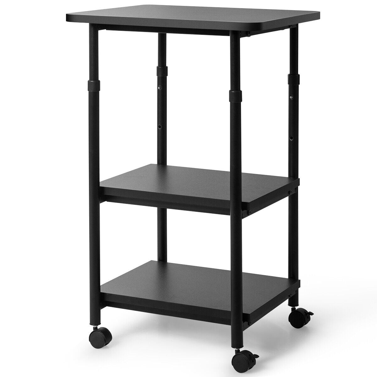 Black Adjustable 3-Tier Steel and Wood Rolling Printer Cart