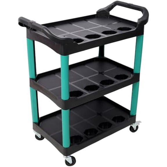 3 Tier Rolling Auto Detail Cart, Black and Green, Heavy Duty Plastic Storage Organizer with Wheels, 32.6x17x38 Inch, 300 lbs Capacity, for Garage, Workshop, Car Detailing$$Tools