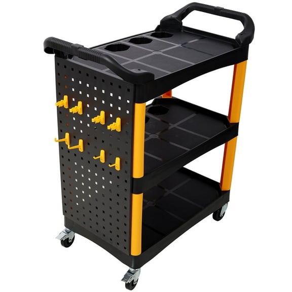 3 Tier Rolling Auto Detail Cart In Yellow And Black With Wheels And Hooks For Garage Workshop Storage Solution