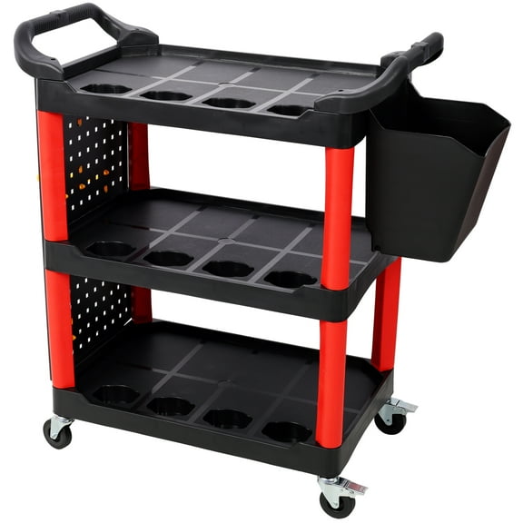 3 Tier Rolling Auto Detail Cart with Wheels, Bucket, Pegboard and Hooks for Detailing, Garage Workshop, Tool Storage Organizer with Spray Bottle Holders, Red and Black
