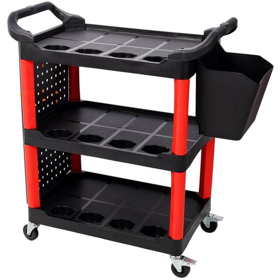 3 Tier Rolling Auto Detail Cart With Wheels, Heavy Duty Plastic Tool Organizer for Garage, Workshop, Repair Shop, Red&Black