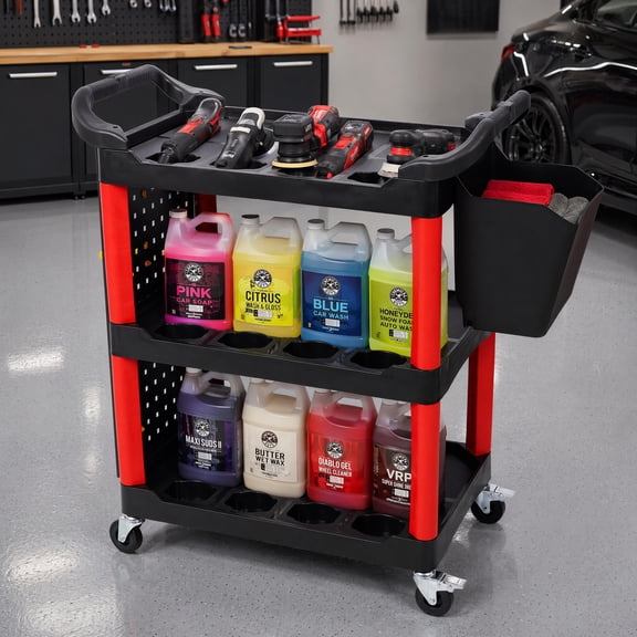 3 Tier Rolling Auto Detailing Cart HeavyDuty Garage Utility Tool Storage Cart Mobile Detailing Workstation with Pegboard Hooks Lockable Mechanic Service Cart for Auto Repair Shop Organizer Red & Bl