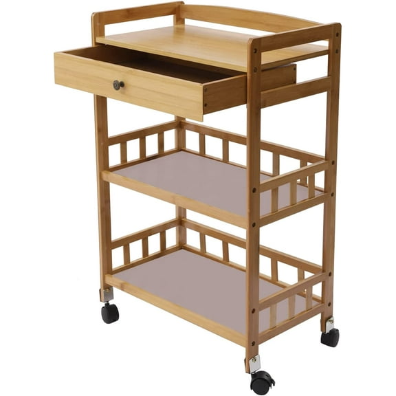 3-Tier Rolling Bamboo Kitchen Storage Cart Wood Tabletop, Mobile Large Countertop Cart Trolley with 4 Wheels and Storage Drawer Stand Microwave Cart & Coffee Cart for Home Kitchen, Chrome
