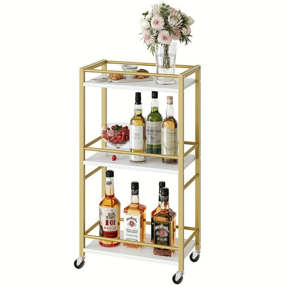 3-Tier Rolling Bar Cart with Locking Wheels & Wine Rack - Golden Mobile Serving Cart with Storage Shelf, Brake Casters for Home Bar, Kitchen, Dining Room - Space-Saving Wood/Metal Drink Trolley