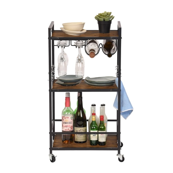 3-Tier Rolling Bar Cart, Rustic Wood Kitchen Serving Cart with Wine Rack, Glass Holder & Hooks, Mobile Beverage Cart with Wheels for Home Dining Living Room
