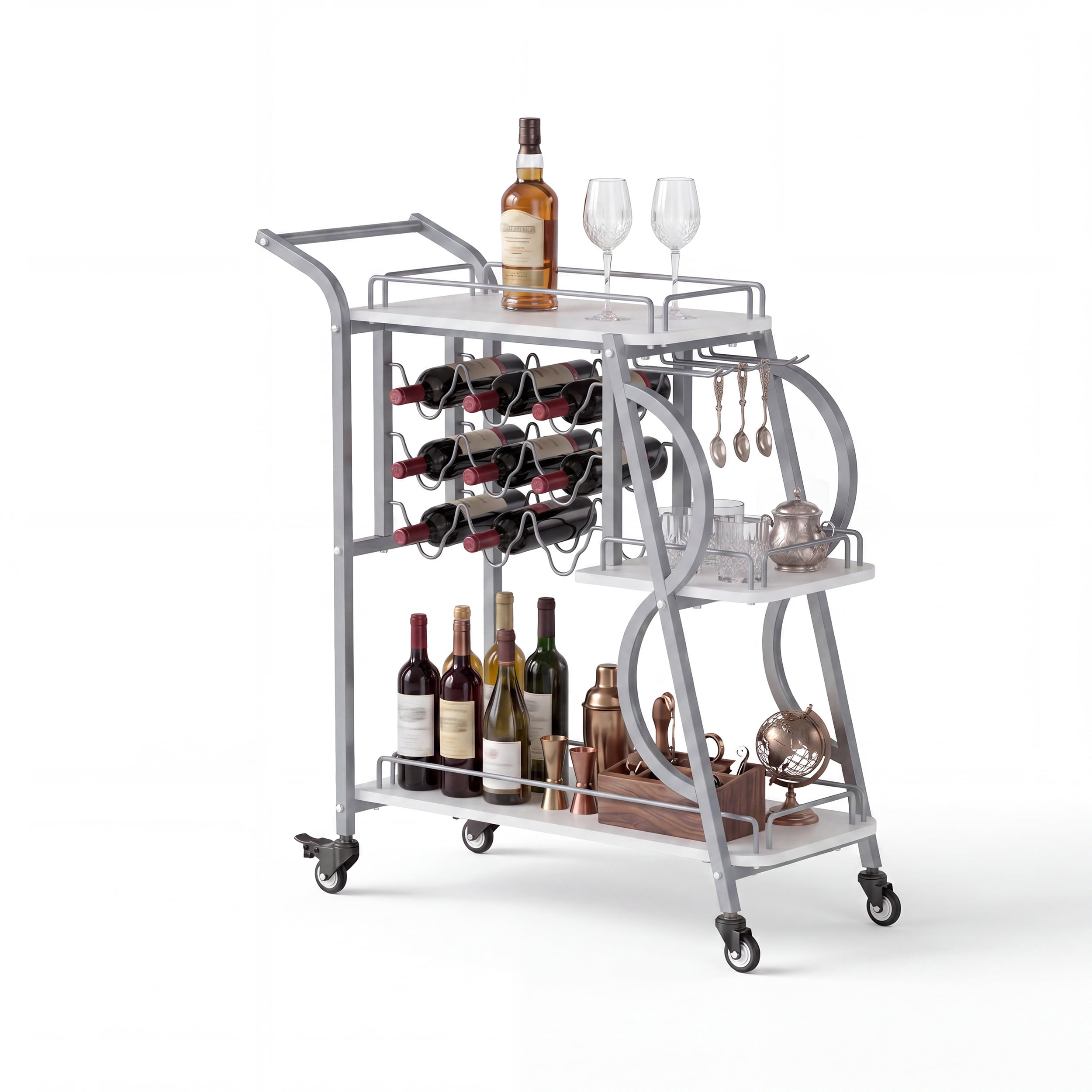 3-Tier Rolling Bar Cart with 8-Bottle Wine Rack and 9-Glass Stemware ...