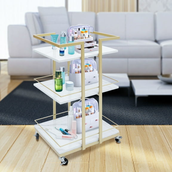 3-Tier Rolling Bar Cart with Faux Marble and Gold Finish, Multi-Purpose Storage with Universal Wheels and Guardrails