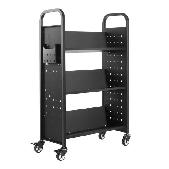 3-Tier Rolling Book Cart Single Sided V-Shaped Shelves Book Truck in Black