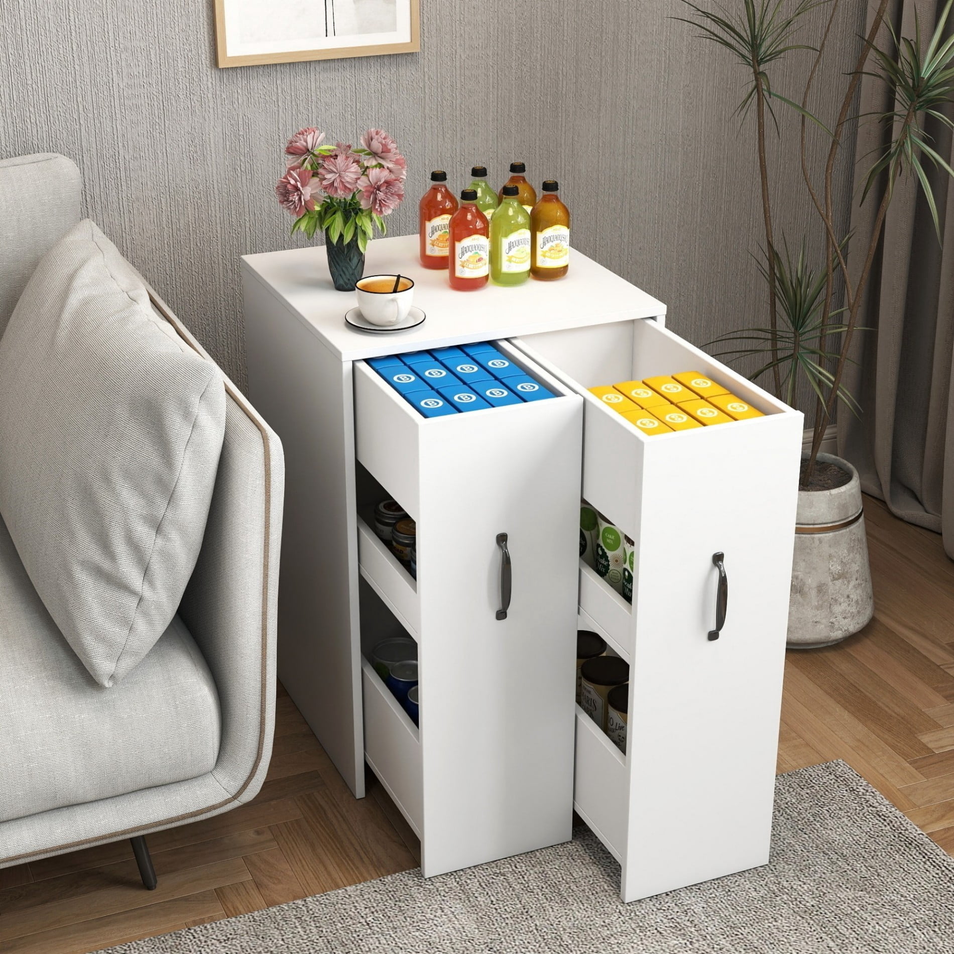 3 Tier Rolling Bookcase with Door, Sliding Drawer Storage Cabinet, Mobile Wooden Bookshelf Organizer with Wheels for Office, Bedroom, Living Room, Hidden Storage Cabinet, White
