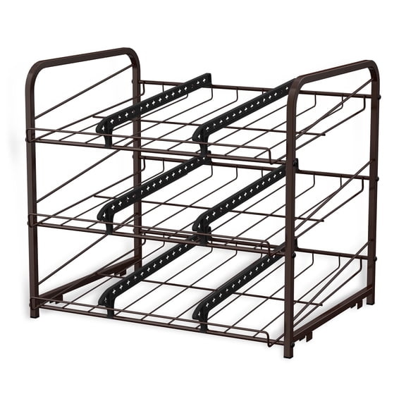 3-Tier Rolling Can Organizer, Stackable Metal Soda Beverage Dispenser Rack, Pantry Storage Holder for Canned Goods, Brown