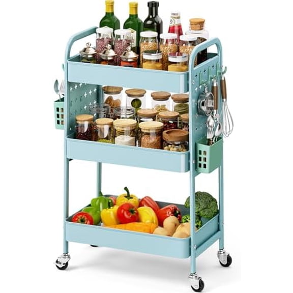 3 Tier Rolling Cart with DIY Pegboard, Metal Utility Cart with Wheels, Hooks & Baskets, Sturdy Storage Organizer for Craft, Bathroom, Kitchen, Office, Nursery, Classroom(Blue)