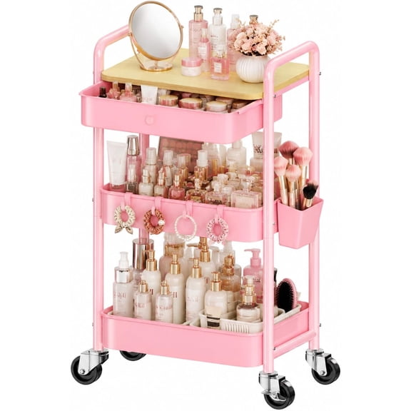 3 Tier  Rolling Cart with Drawer for Makeup Storage, Metal Utility Cart with Wheels, Make up Shelf Hair/Lash/ Polish/Skincare/Perfume Organizer, Floor Storage  Carts for Bathroom,Salon