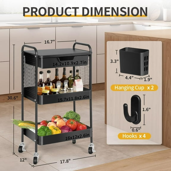 3-Tier Rolling Cart with Drawer, Metal Utility Storage Cart Organizer with Lockable Wheels & Hanging Cups & Hooks, Mobile Storage  Carts Trolley with Mesh Shelves for Kitchen, Office - Black