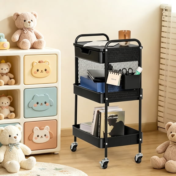 3-Tier Rolling Cart with Drawer, Metal Utility Storage Cart Organizer with Lockable Wheels & Hanging Cups & Hooks, Mobile Storage Craft Cart Trolley with Mesh Shelves for Kitchen Office, Black
