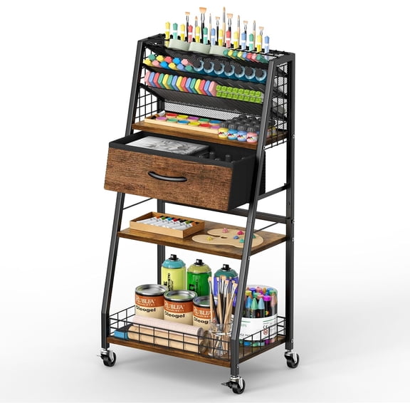 3 Tier Rolling Cart with Drawer, Utility Cart with Lockable Wheels, Multi-Functional Arts and Crafts Organizer Storage for Brushes & Paints & Artifacts, Ideal for Home Office Studio