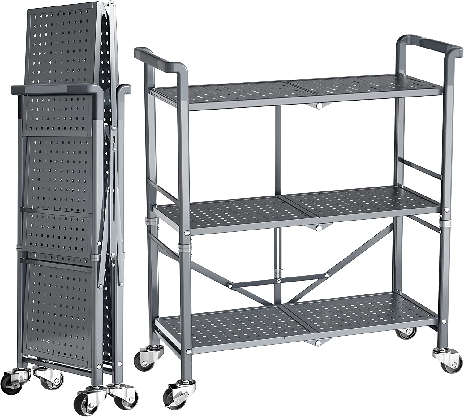 3 Tier Rolling Cart Folding Utility Cart with Wheels Standing Shelf