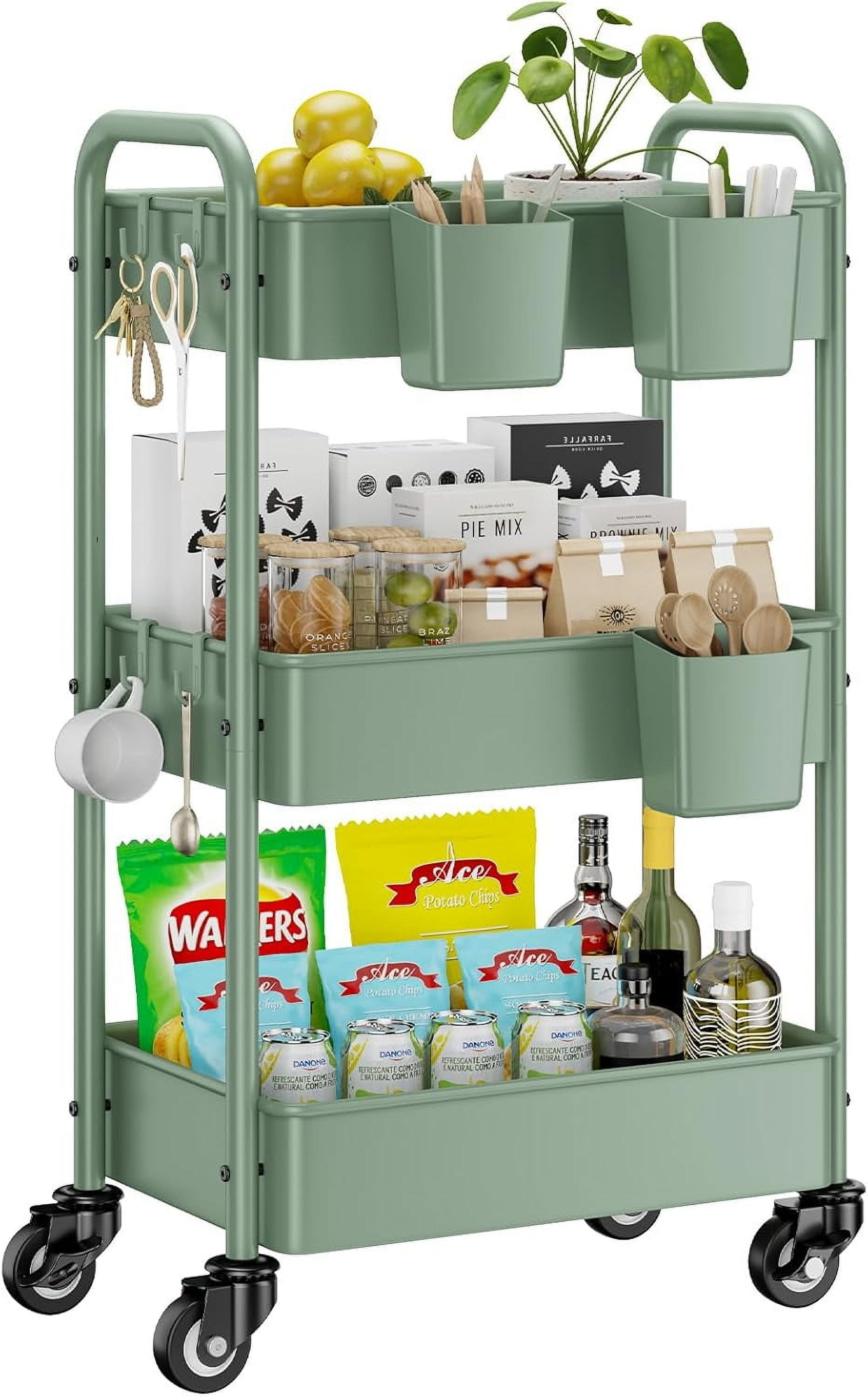 3-Tier Rolling Cart, Green, 66 Pounds Capacity, Mesh Storage Organizer with Lockable Wheels, 3 Hanging Cups, 4 Hooks, Easy Assembly, for Kitchen, Bathroom, Laundry, Grocery