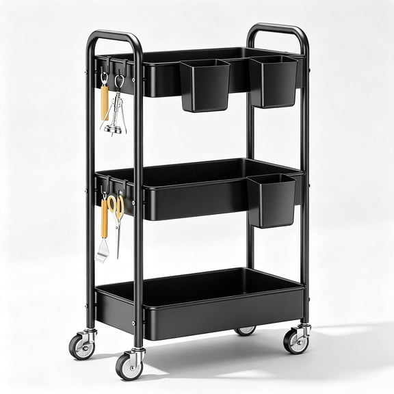 3 Tier Rolling Cart, Heavy Duty Metal Utility Cart with Wheel Black | Sturdy Rolling Storage Cart With Hooks & Hanging Cups, Great For Craft, Art Workspace, Kitchen ,Snack And Office Storage