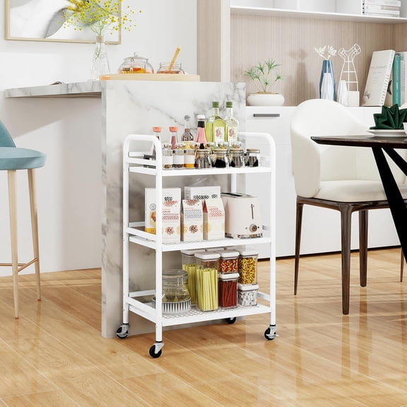 3 Tier Rolling Cart,Heavy Duty Multifunctional Metal Frame-Supports 22 Lbs Per Tier,Rolling Cart with 2 Lockable Wheels for Office,Home,Bedroom,Kitchen,Bathroom (White)