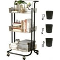 thumbnail image 1 of 3-tier rolling cart with metal handles, tabletop, cup holder, hooks, plastic storage basket and lockable wheels, 1 of 14