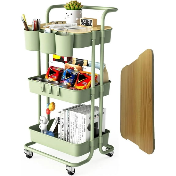 3-Tier Rolling Utility Cart with Metal Handle and Lockable Wheels