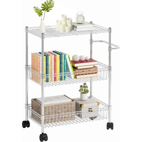3 Tier Rolling Cart, Metal Kitchen Cart On Wheels with Baskets, Wire Shelving Rolling Snack Storage Cart Utility Trolley with Handles for Kitchen Bathroom Office Laundry, Chrome