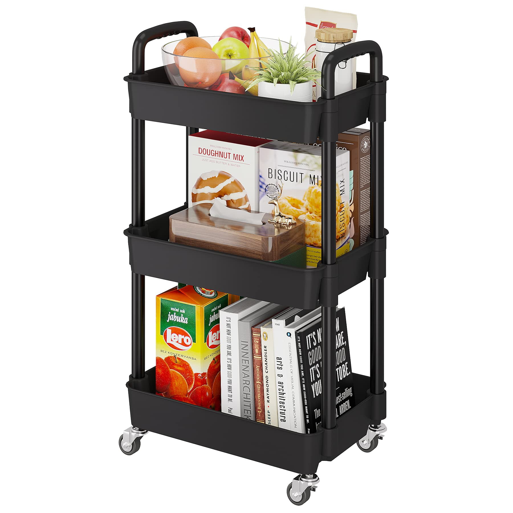 3 Tier Rolling Cart, , Metal Storage Cart, Kitchen Storage Trolley with