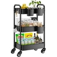 thumbnail image 1 of 3 Tier Rolling Cart - Metal Utility Cart with 3 Hanging Cups & 4 Hooks, 66LBS Capacity, Mesh Rolling Storage Cart Organizer, Easy Assembly, Rolling Carts with Wheels for Kitchen Office, 1 of 13