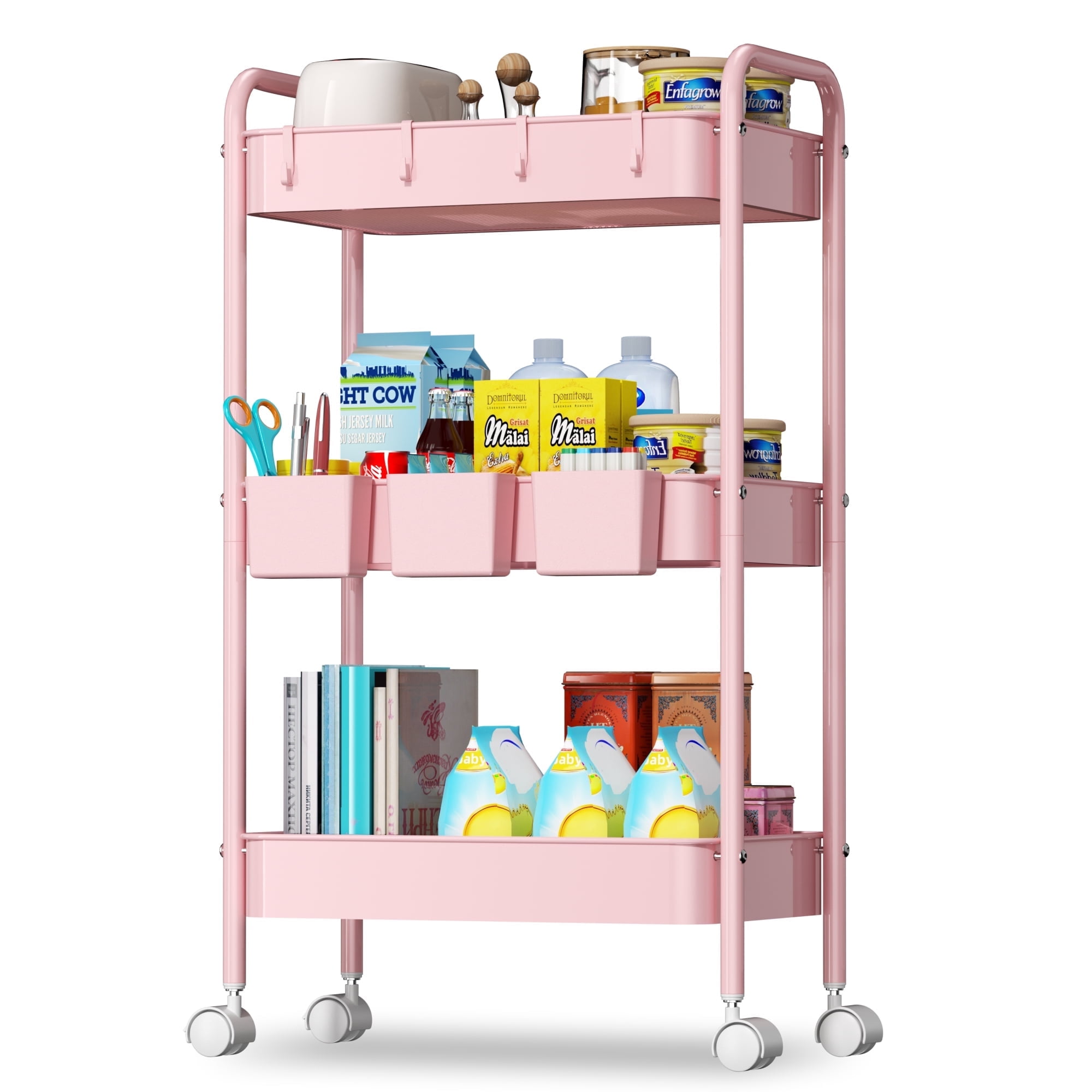 3 Tier Rolling Cart, Metal Utility Cart with 3 Hanging Cups and 4 Hooks, Handle and Lockable Casters, Mesh Rolling Storage Cart Organizer, Easy Assembly for Kitchen Office, Pink - Walmart.com