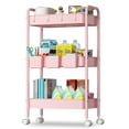 thumbnail image 1 of 3 Tier Rolling Cart, Metal Utility Cart with 3 Hanging Cups and 4 Hooks, Handle and Lockable Casters, Mesh Rolling Storage Cart Organizer, Easy Assembly for Kitchen Office, Pink, 1 of 8