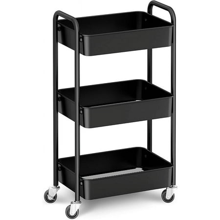 3-Tier Rolling Cart, Metal Utility Cart with Lockable Wheels, Storage Craft Art Cart Trolley Organizer Serving Cart Easy Assembly for Office, Bathroom, Kitchen, Kids' Room, Classroom