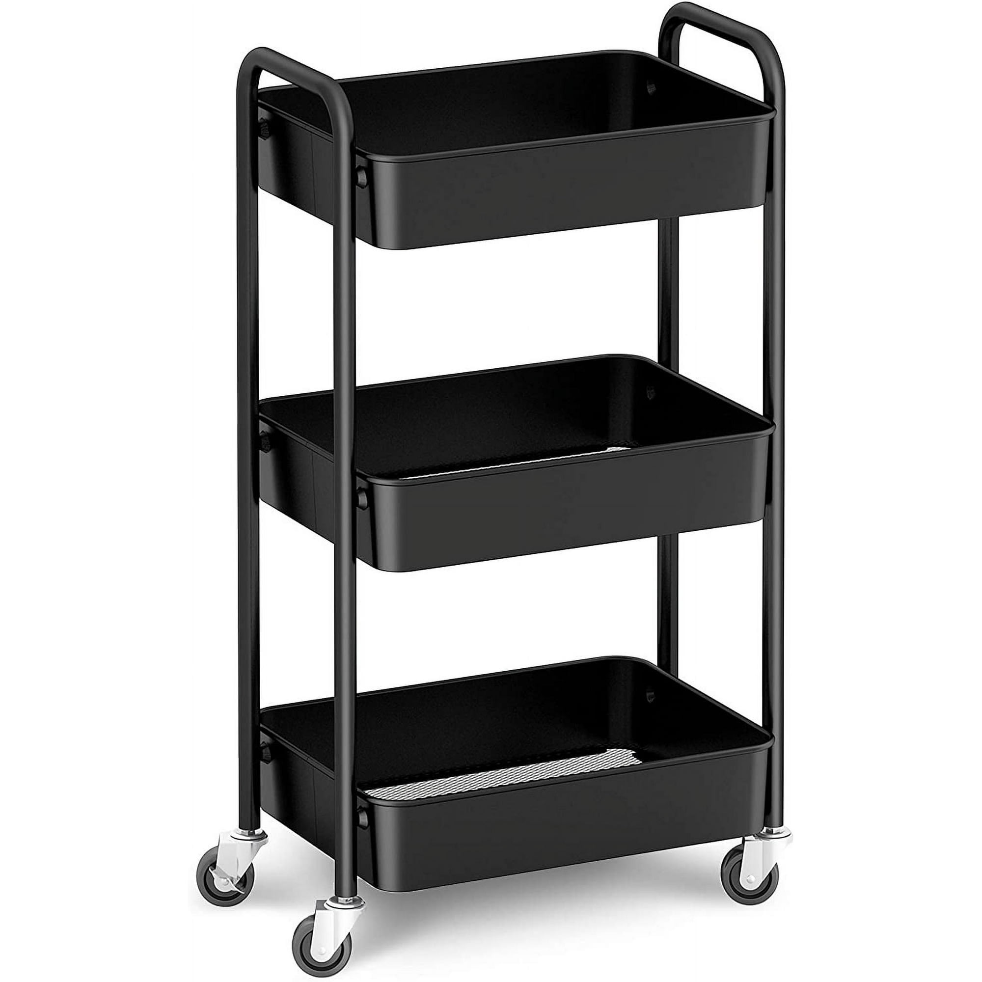 Black Alloy Steel 3-Tier Rolling Kitchen Cart with Storage