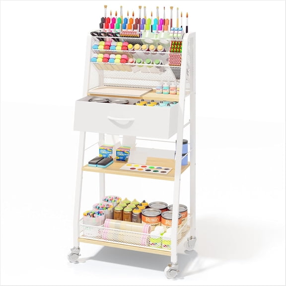 3 Tier Rolling Cart - Metal Utility Cart with Storage Drawer and Wheels, Versatile Art & Craft Organizer for Home, Office, or Studio - Ideal for Storing Brushes, Paints, and Supplies