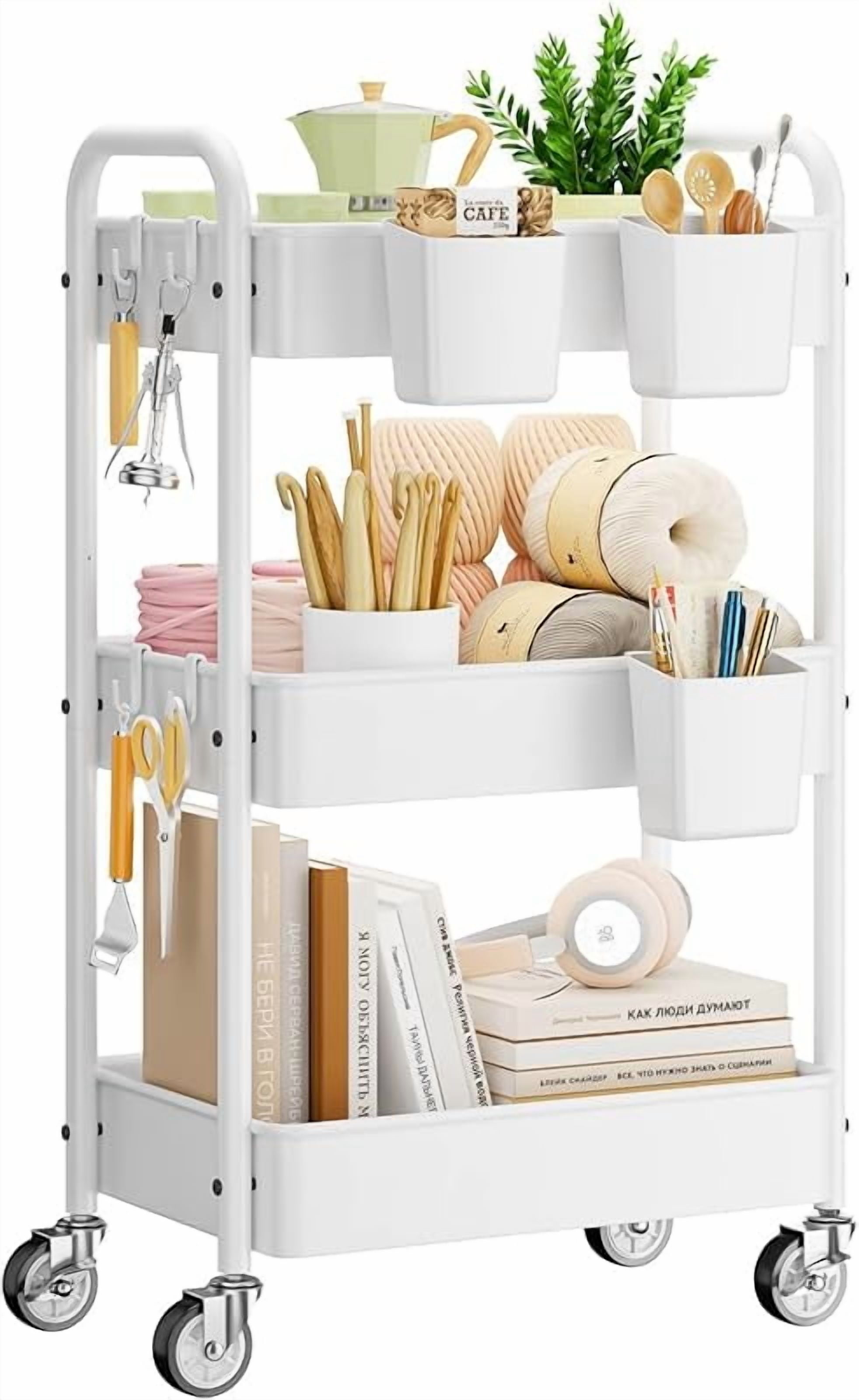3 Tier Rolling Cart - Metal Utility Cart with Wheels, Hanging Cups, Hooks, Heavy Duty Mesh Rolling Storage Cart Organizer, Craft Cart for Kitchen Office, Lightweight and Sturdy