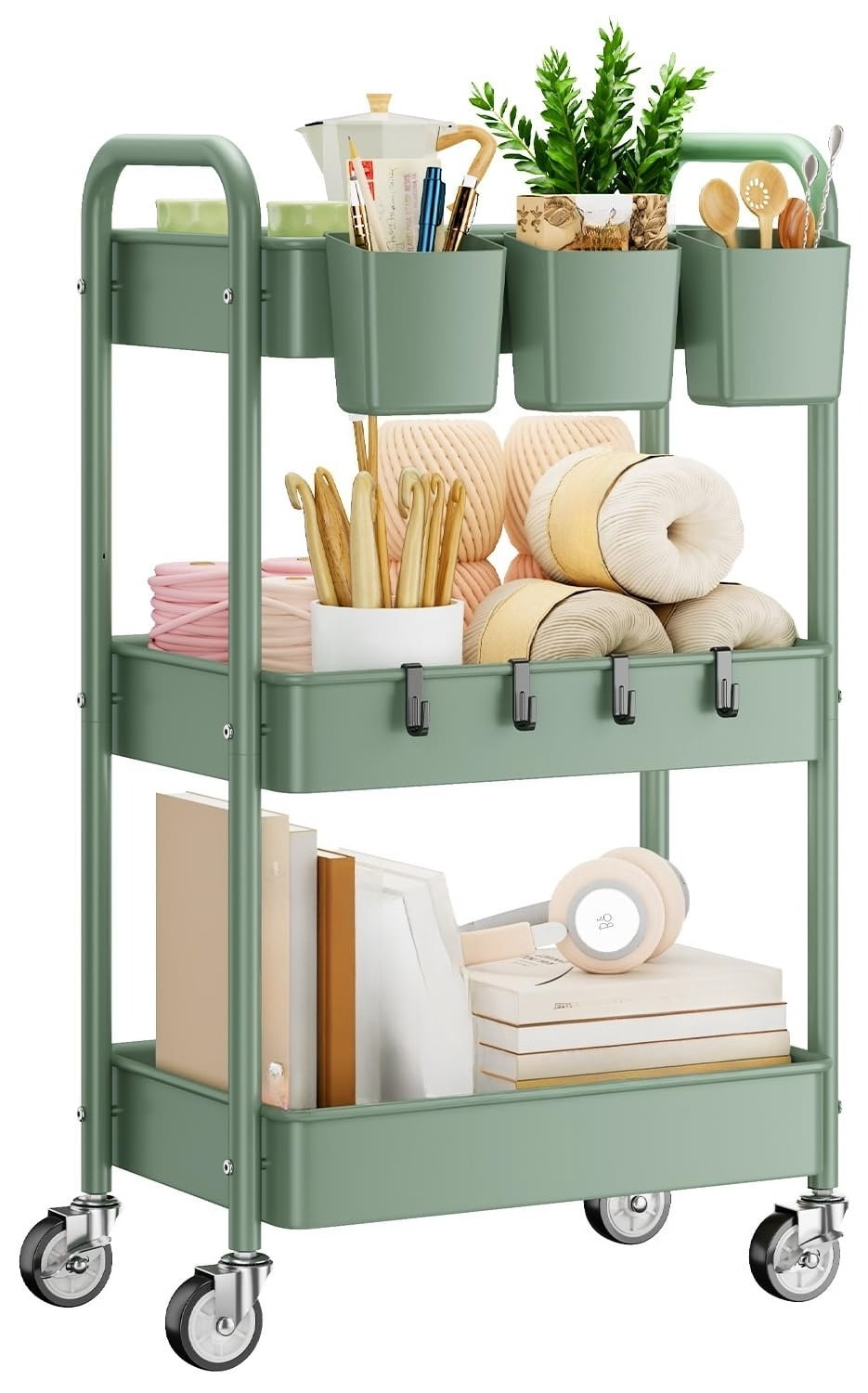 3 Tier Rolling Cart - Metal Utility Cart with Wheels, Hanging Cups, Hooks, Heavy Duty Mesh Rolling Storage Cart Organizer, Craft Cart for Kitchen Office, Lightweight and Sturdy