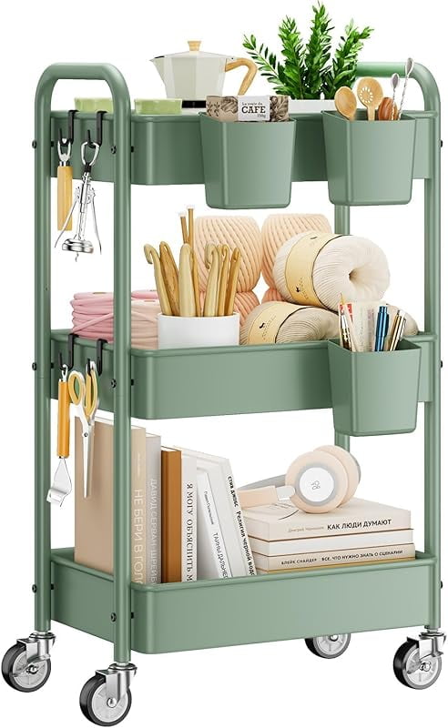 3 Tier Rolling Cart - Metal Utility Cart with Wheels, Hanging Cups, Hooks, Heavy Duty Mesh Rolling Storage Cart Organizer, Craft Cart for Kitchen Office, Lightweight and Sturdy
