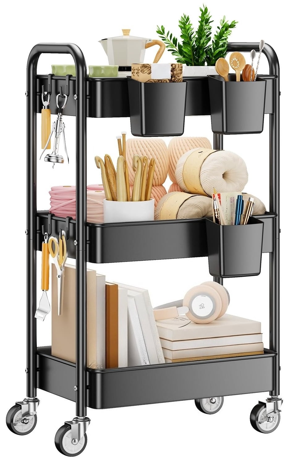 3 Tier Rolling Cart - Metal Utility Cart with Wheels, Hanging Cups, Hooks, Heavy Duty Mesh Rolling Storage Cart Organizer, Craft Cart for Kitchen Office, Lightweight and Sturdy