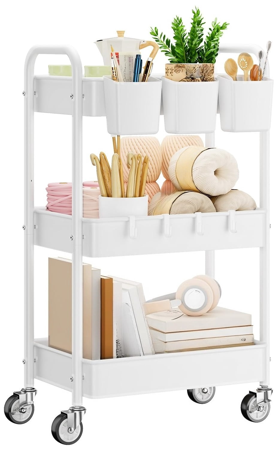 3 Tier Rolling Cart - Metal Utility Cart with Wheels, Hanging Cups, Hooks, Heavy Duty Mesh Rolling Storage Cart Organizer, Craft Cart for Kitchen Office, Lightweight and Sturdy
