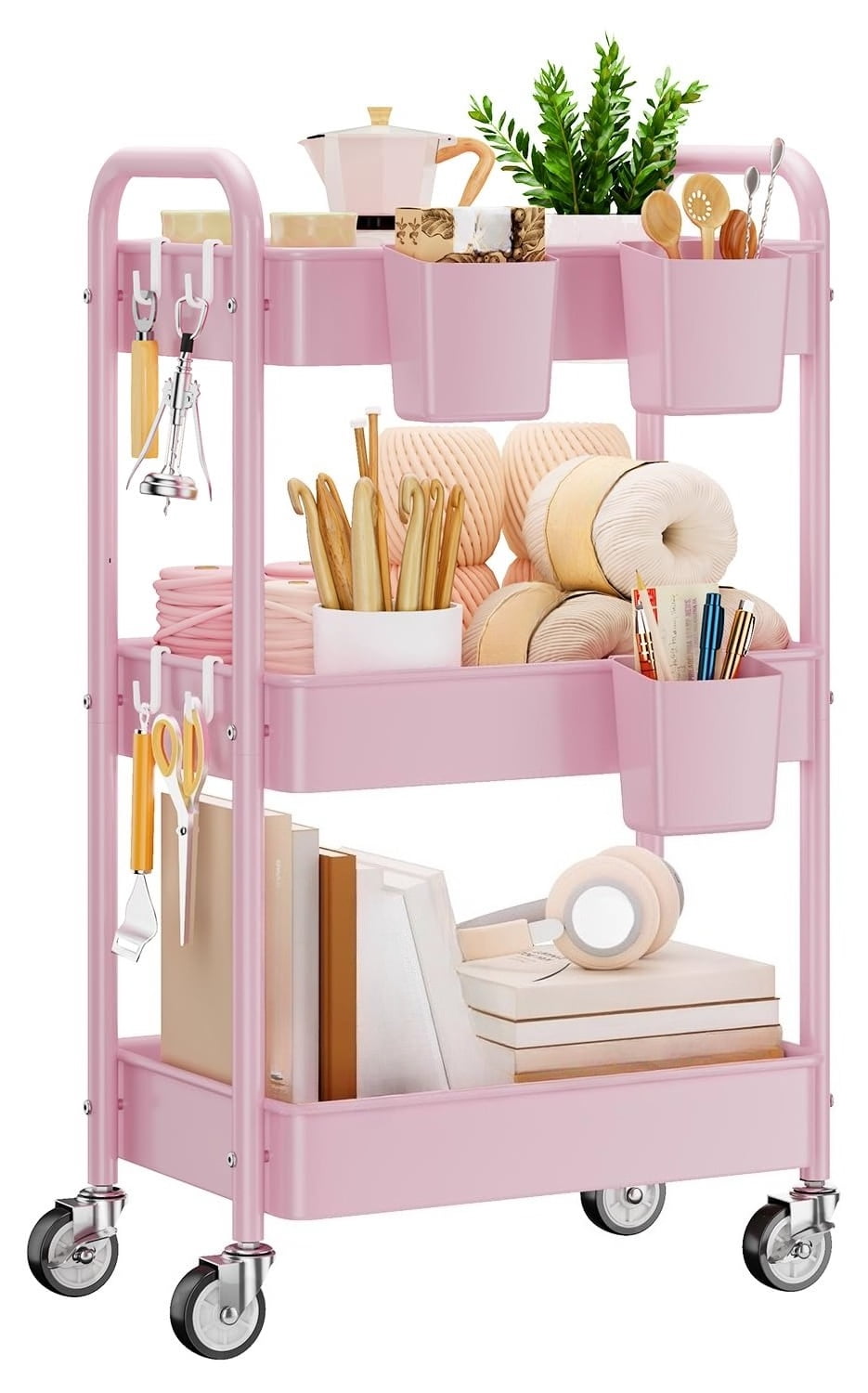 3 Tier Rolling Cart - Metal Utility Cart with Wheels, Hanging Cups, Hooks, Heavy Duty Mesh Rolling Storage Cart Organizer, Craft Cart for Kitchen Office, Lightweight and Sturdy