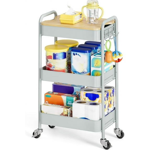3 Tier Rolling Cart, Metal Utility Cart with Wheels & Wooden Top, Diaper Organizer Cart, Rolling Craft Storage Cart, Serving Trolley Cart for Kitchen, Office, Bathroom, Baby Nursery, Green