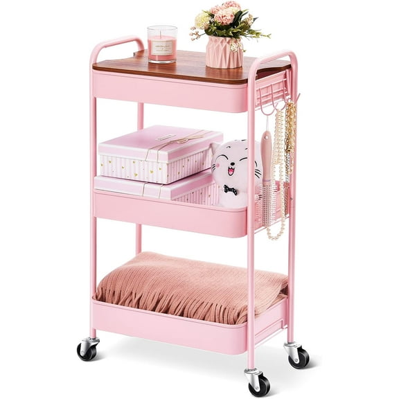 3 Tier Rolling Cart, Metal Utility Cart with Wheels & Wooden Top, Pink Organizer Cart, Rolling Craft Storage Cart, Serving Trolley Cart for Kitchen, Office, Bathroom, Kids' Room, Bedside, Pink