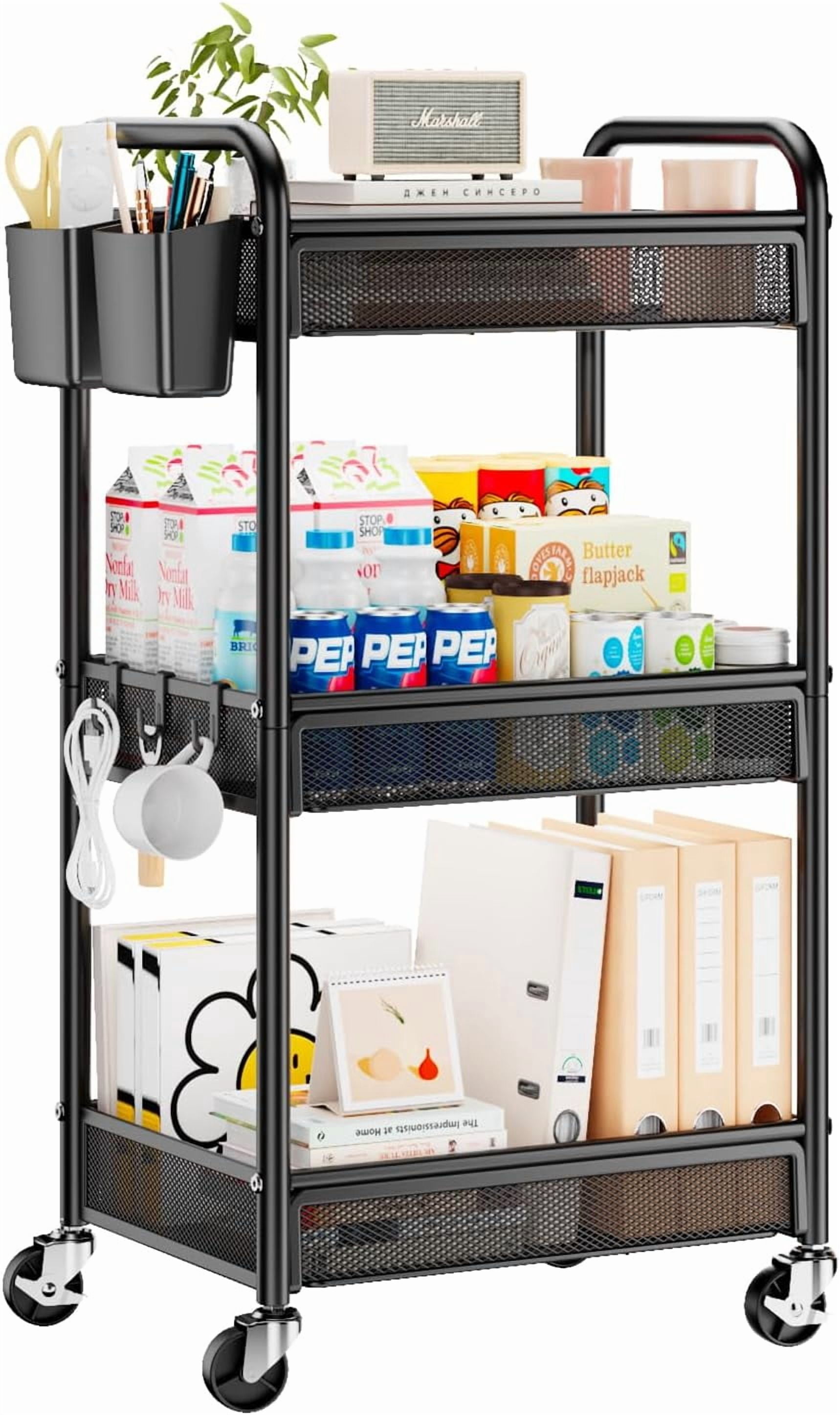 3 Tier Rolling Cart – Metal Utility Storage Cart with Wheels, Craft Cart Organizer with Hanging Cups, Hooks, Mesh Basket for Bedside Kitchen Office Art, Black